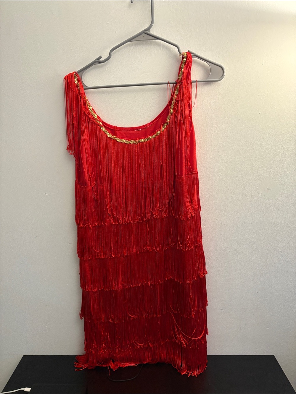 Red Fringe High-Low Dress with Gold Trim